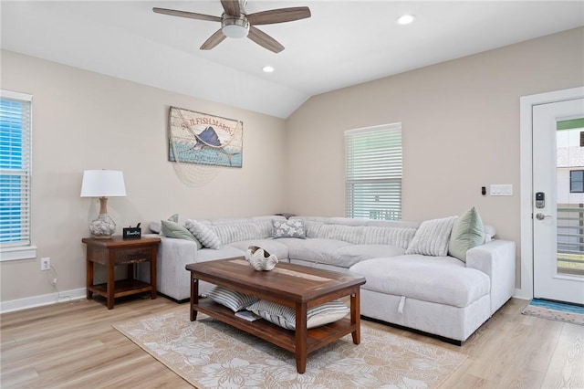 268 Flounder Dr, Port Aransas, TX 78373 - living room with ceiling fan, light wood finished floors, vaulted ceiling, and recessed lighting