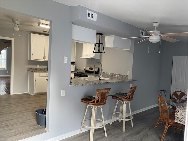 kitchen with sink, white cabinetry, light stone counters, light hardwood / wood-style flooring, and stainless steel range