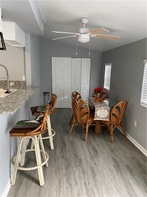 dining space with hardwood / wood-style floors, sink, and ceiling fan