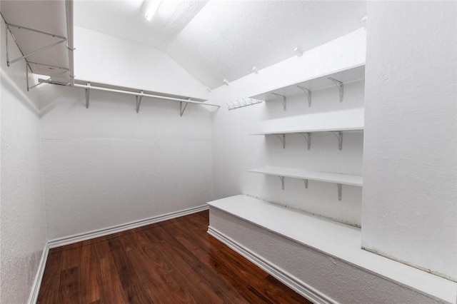 spacious closet with wood finished floors and vaulted ceiling