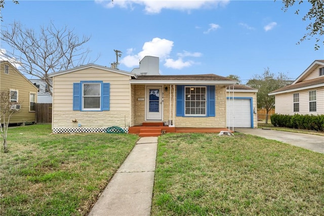 single story home with concrete driveway, stone siding, an attached garage, fence, and a front yard