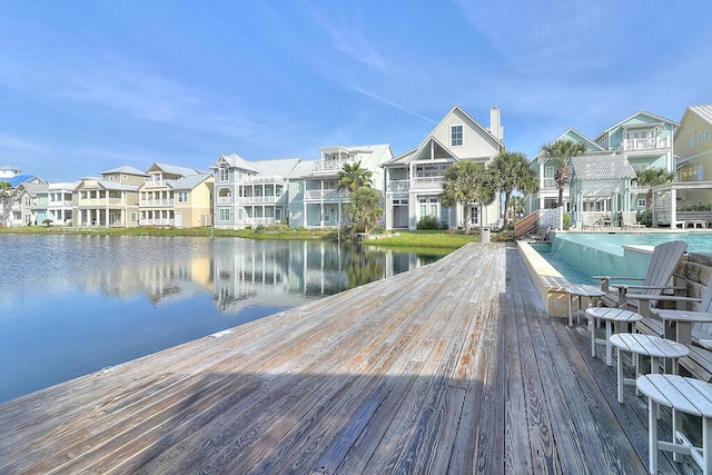 dock area featuring a residential view and a water view