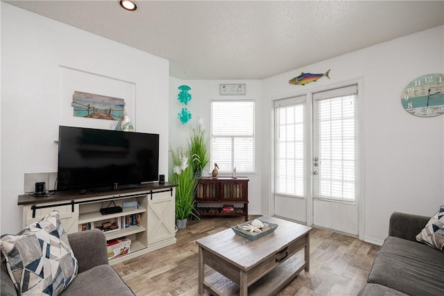 living room featuring a textured ceiling, light hardwood / wood-style floors, and a healthy amount of sunlight