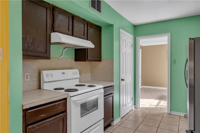 2826 Toronto Dr, Corpus Christi, TX 78414 - kitchen with white electric range, under cabinet range hood, freestanding refrigerator, and dark brown cabinetry