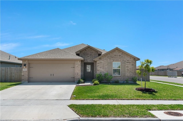 7801 Bullrider Dr, Corpus Christi, TX 78414 - ranch-style home featuring brick siding, a garage, concrete driveway, and a shingled roof