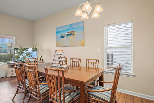 dining room featuring wood-type flooring and a chandelier