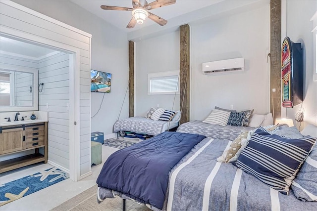 bedroom with light carpet, a ceiling fan, and a wall mounted air conditioner