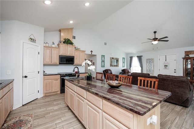 kitchen with black / electric stove, open floor plan, and light brown cabinetry