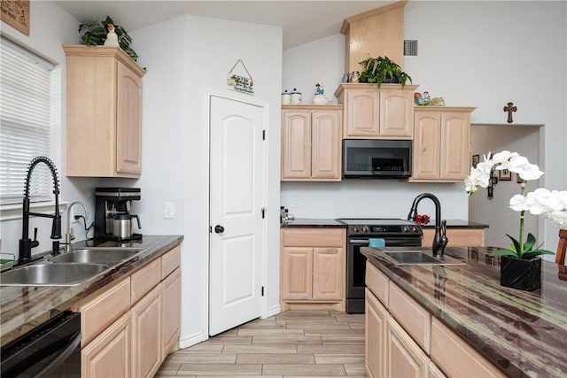 kitchen with light brown cabinets, a sink, electric stove, wood tiled floor, and dishwasher