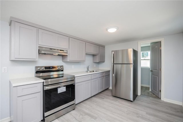 kitchen with sink, gray cabinets, range hood, light hardwood / wood-style floors, and stainless steel appliances