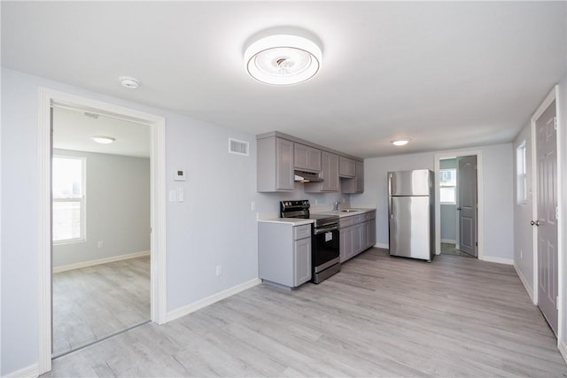 kitchen featuring light wood-type flooring, stainless steel appliances, gray cabinetry, and sink