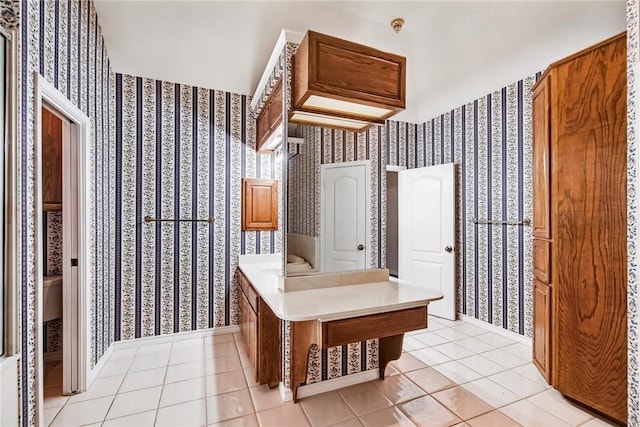 6714 Long Meadow Dr, Corpus Christi, TX 78413 - bathroom with wallpapered walls, tile patterned flooring, and vanity