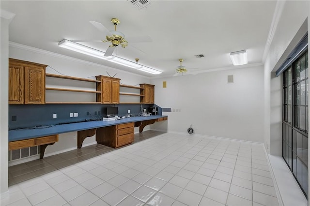 6714 Long Meadow Dr, Corpus Christi, TX 78413 - kitchen featuring a ceiling fan, open shelves, crown molding, a kitchen breakfast bar, and light tile patterned flooring