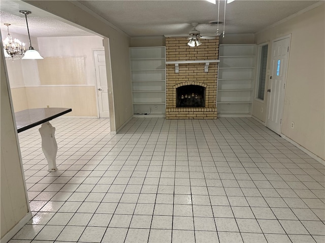 unfurnished living room with a textured ceiling, built in features, and light tile patterned floors