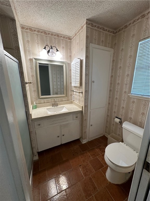 bathroom featuring toilet, vanity, and a textured ceiling