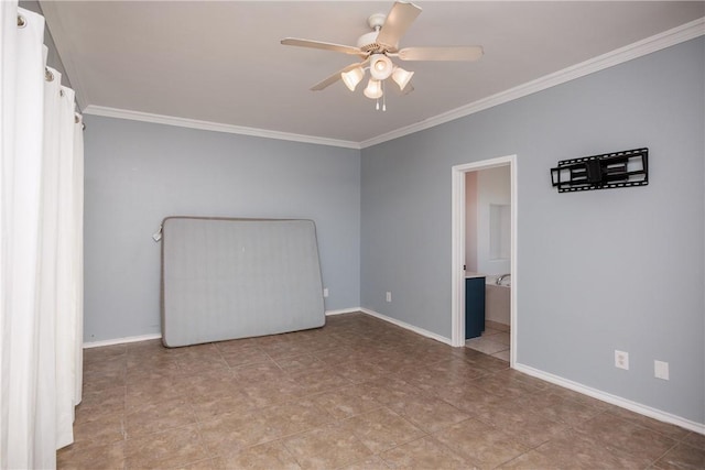 2626 Wool Dr, Corpus Christi, TX 78414 - unfurnished bedroom featuring ornamental molding, baseboards, ceiling fan, ensuite bath, and tile patterned floors