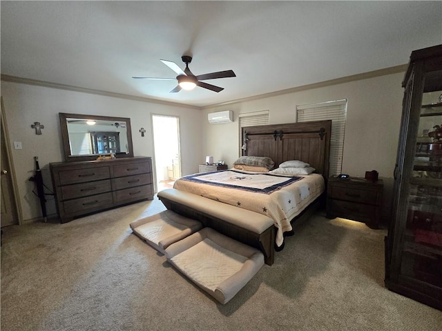 carpeted bedroom with ceiling fan, an AC wall unit, and crown molding