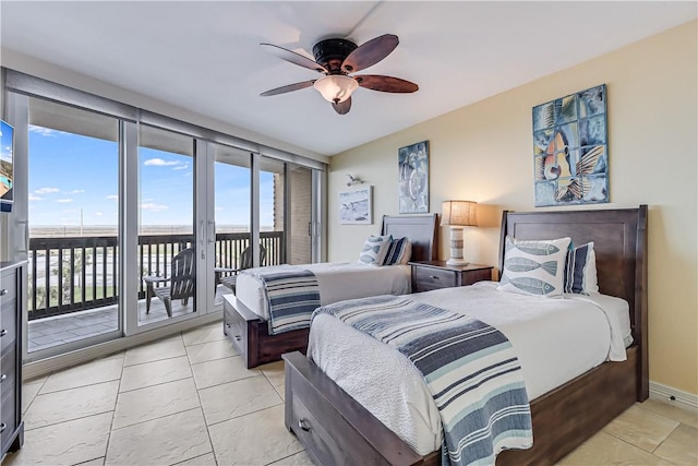 bedroom featuring access to exterior and ceiling fan