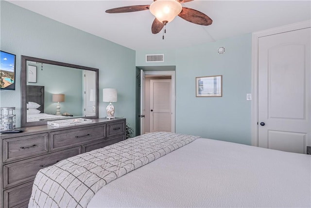 bedroom with a ceiling fan and visible vents