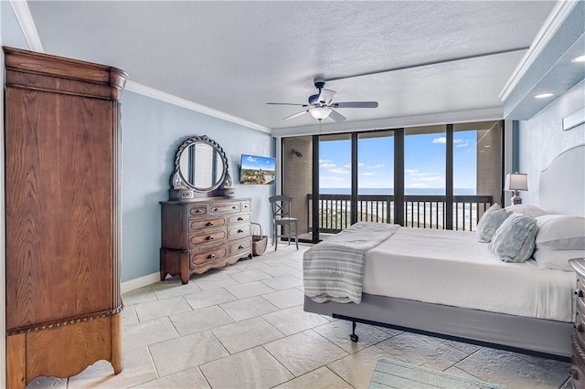 bedroom featuring ornamental molding, baseboards, access to exterior, and a textured ceiling