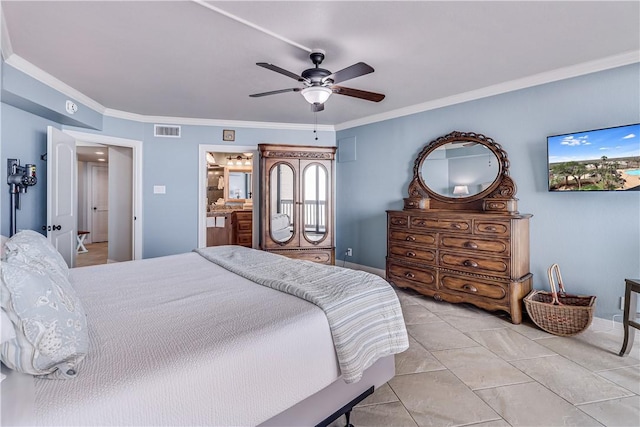 bedroom with ornamental molding, visible vents, multiple windows, and ceiling fan