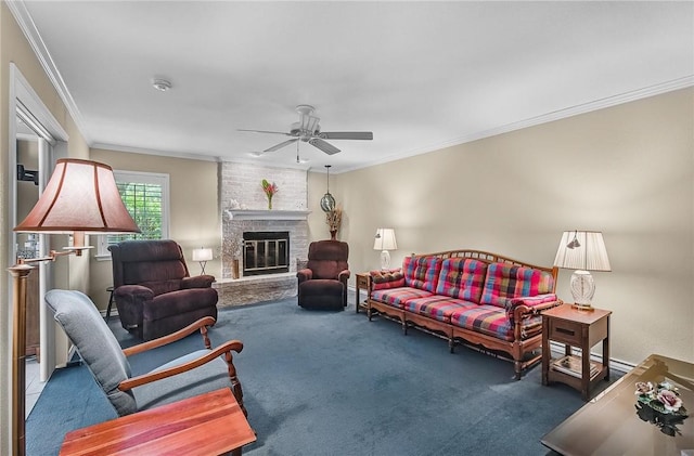 466 Coral, Corpus Christi, TX 78411 - living room featuring carpet, a ceiling fan, ornamental molding, and a brick fireplace