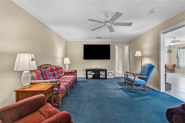 466 Coral, Corpus Christi, TX 78411 - living room with ceiling fan, ornamental molding, and carpet floors