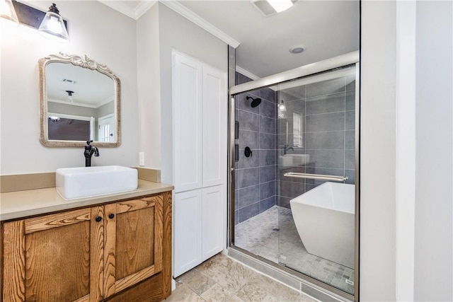 3658 Castle River Dr, Corpus Christi, TX 78410 - bathroom with crown molding, a stall shower, and vanity