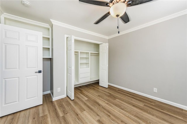 3658 Castle River Dr, Corpus Christi, TX 78410 - unfurnished bedroom featuring light wood-style flooring, ornamental molding, a closet, and a ceiling fan