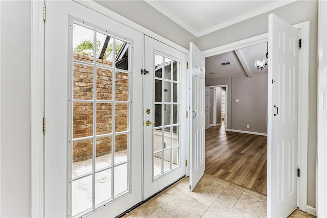 3658 Castle River Dr, Corpus Christi, TX 78410 - doorway to outside featuring french doors, ornamental molding, and a chandelier
