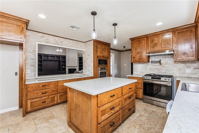 3658 Castle River Dr, Corpus Christi, TX 78410 - kitchen with appliances with stainless steel finishes, under cabinet range hood, brown cabinetry, crown molding, and tasteful backsplash
