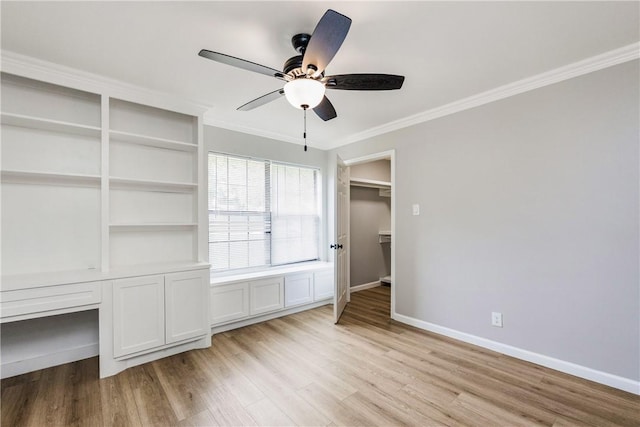 3658 Castle River Dr, Corpus Christi, TX 78410 - unfurnished bedroom with light wood-style flooring, crown molding, and a ceiling fan