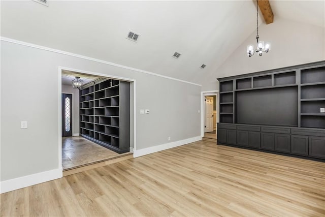 3658 Castle River Dr, Corpus Christi, TX 78410 - unfurnished living room with a chandelier, light wood-style floors, beam ceiling, and high vaulted ceiling