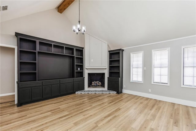 3658 Castle River Dr, Corpus Christi, TX 78410 - unfurnished living room with a chandelier, light wood finished floors, ornamental molding, and a fireplace