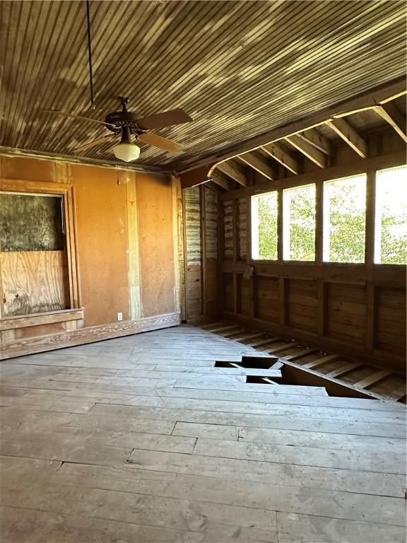 miscellaneous room featuring ceiling fan, wood-type flooring, and wood ceiling