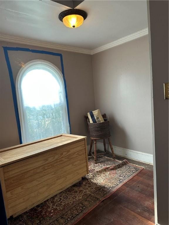 interior space with dark wood-type flooring and crown molding