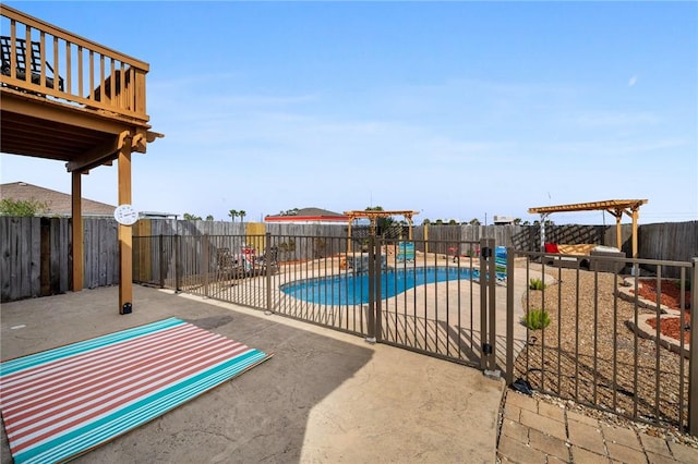 view of pool featuring a pergola, a deck, and a patio