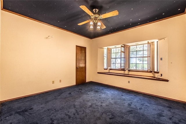 14733 Red River Dr, Corpus Christi, TX 78410 - empty room with ceiling fan, dark colored carpet, ornamental molding, and baseboards