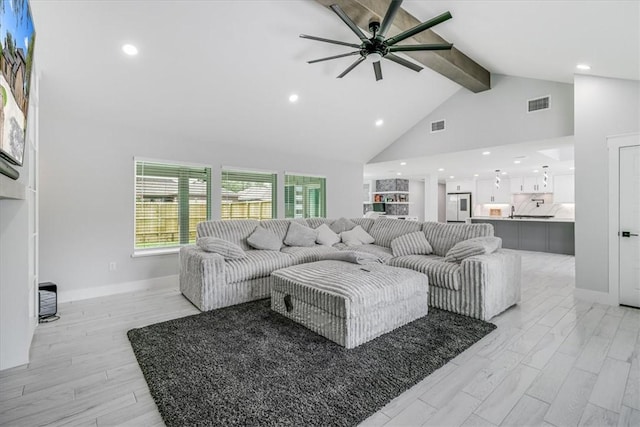 7025 Ashdown Dr, Corpus Christi, TX 78413 - living area featuring beamed ceiling, a ceiling fan, high vaulted ceiling, baseboards, and recessed lighting