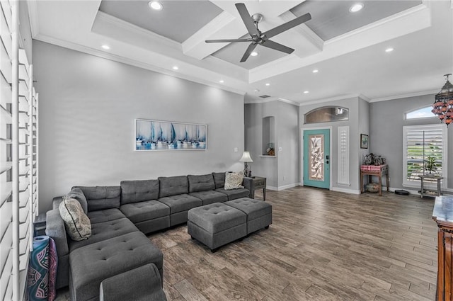 13901 Laffite Dr, Corpus Christi, TX 78418 - living room with ornamental molding, a ceiling fan, coffered ceiling, recessed lighting, and wood finished floors