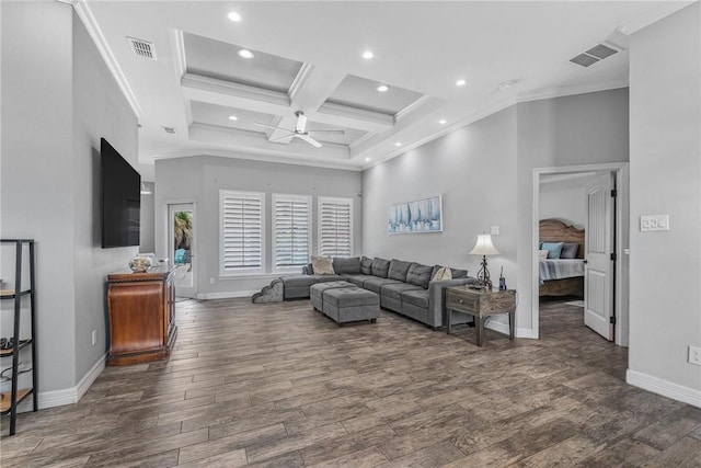 13901 Laffite Dr, Corpus Christi, TX 78418 - living area with crown molding, recessed lighting, dark wood-style flooring, a ceiling fan, and coffered ceiling