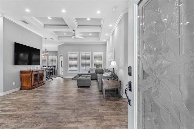 13901 Laffite Dr, Corpus Christi, TX 78418 - living room with recessed lighting, wood finished floors, crown molding, coffered ceiling, and ceiling fan