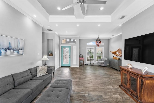 13901 Laffite Dr, Corpus Christi, TX 78418 - living area featuring recessed lighting, crown molding, wood finished floors, ceiling fan, and a chandelier