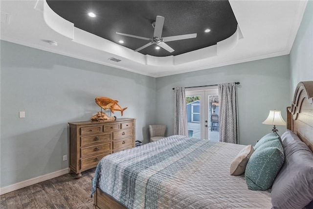 13901 Laffite Dr, Corpus Christi, TX 78418 - bedroom with a raised ceiling, french doors, dark wood finished floors, access to exterior, and crown molding