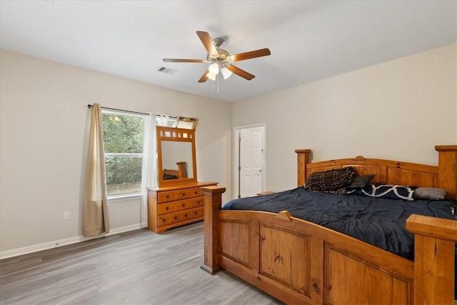 1818 16th St, Rockport, TX 78382 - bedroom with light wood-style flooring, baseboards, visible vents, and ceiling fan