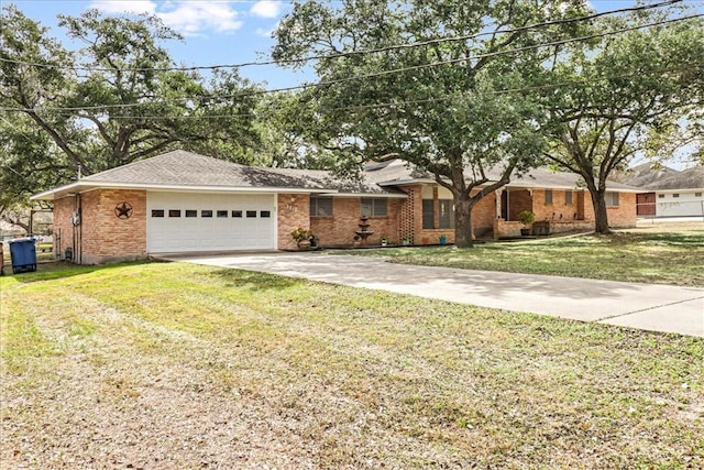 ranch-style house featuring concrete driveway, brick siding, an attached garage, and a front lawn