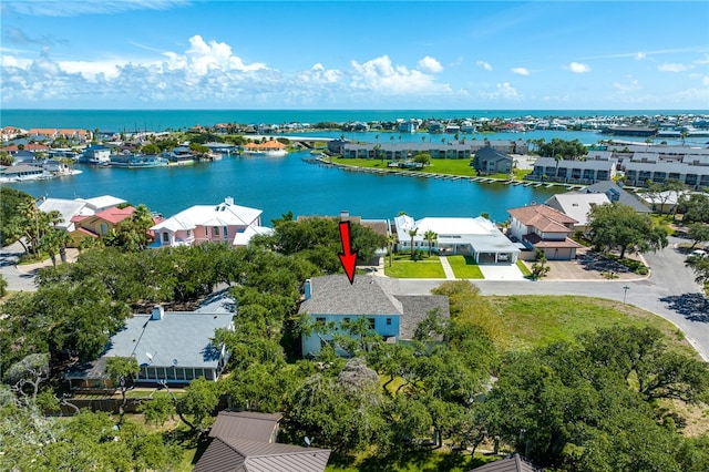 bird's eye view with a water view