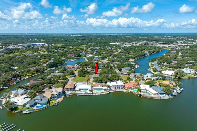 drone / aerial view with a water view