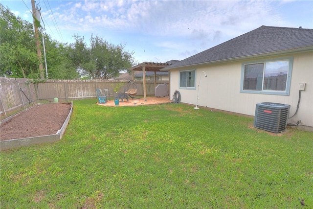 view of yard with a fenced backyard, central AC unit, a pergola, and a patio area