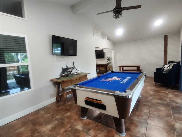 playroom with ceiling fan, brick wall, pool table, and high vaulted ceiling